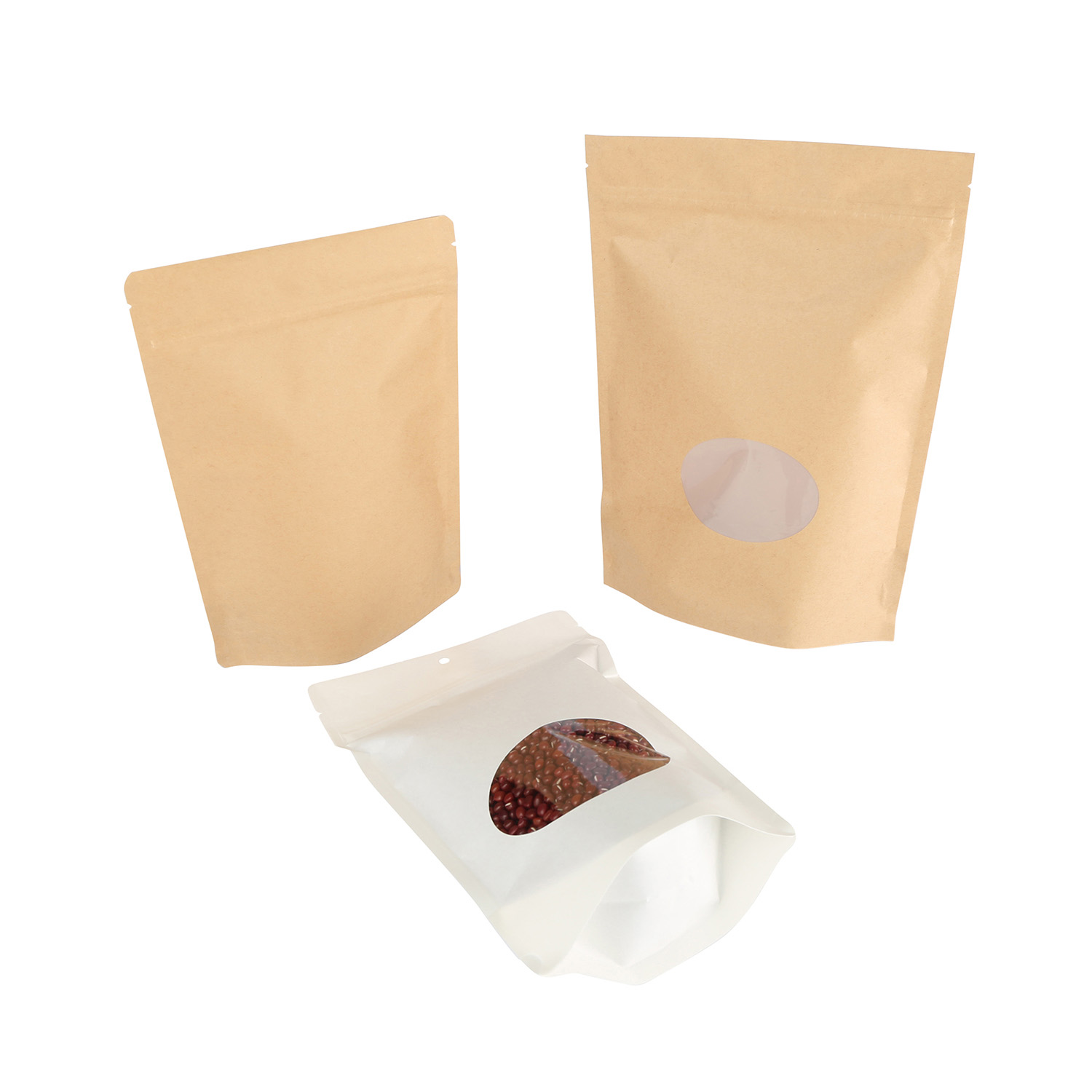 Bolsa Flexible Personalizada Con Cremallera Compostable Doypack Con Ventana De Alimento De Mascotas Kraft Natural