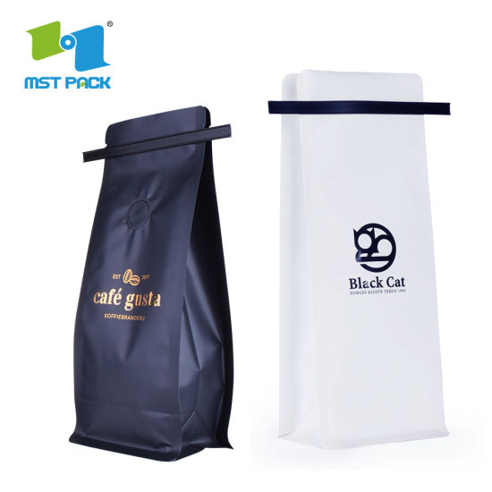 Impresión personalizada Compuerta de fondo plano Compostablee Papel de aluminio impreso personalizado Bolsas de granos de café biodegradables Embalaje