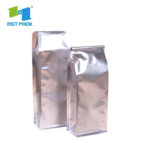 Venta al por mayor Compostable Custom Private Label Empaquetado de alimentos Papel de aluminio Flat Square Block Bottom Biodegradable Coffee Valve Bags Bolsas con cierre de cremallera