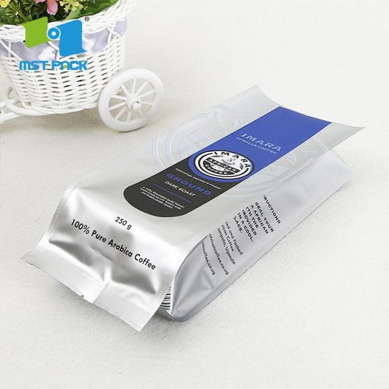 Sello térmico Logotipo personalizado Impresión Grado alimenticio Material biodegradable laminado Refuerzo lateral Papel de aluminio Bolsa de cremallera compostable para empacar café