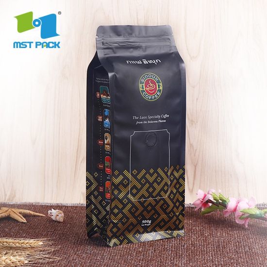 Bolsas de café con cierre de cremallera biodegradables y biodegradables de fondo plano impresas por encargo de Eco al por mayor con válvula Bolsa de embalaje al por mayor