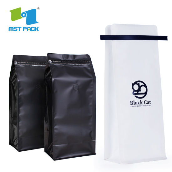 Válvula unidireccional compostable Custo Bolsa de café Mylar Bolsa de embalaje de café biodegradable con refuerzo lateral lateral con cierre plano