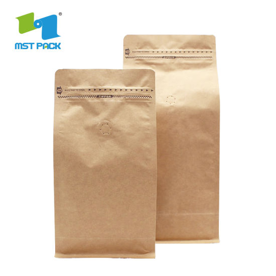 Barato al por mayor de grado alimenticio Biodegradable Bloque de papel Kraft inferior 250g 500g 1000g 1kg Bolsas de café compostables personalizadas con válvula Bolsa de embalaje al por mayor